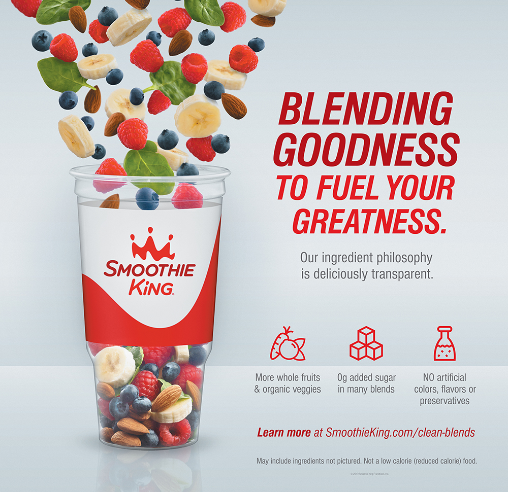 Smoothie King cup filled with fruits and nuts